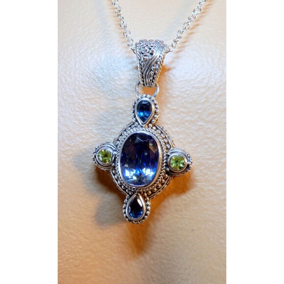 SARDA Bali Signed Sterling Silver Mystic Topaz-Peridot-London Topaz Pendant - Picture 1 of 12